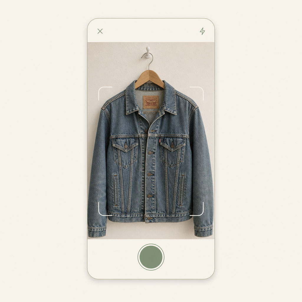 App screenshot: taking a photo of a vintage Levi's denim jacket