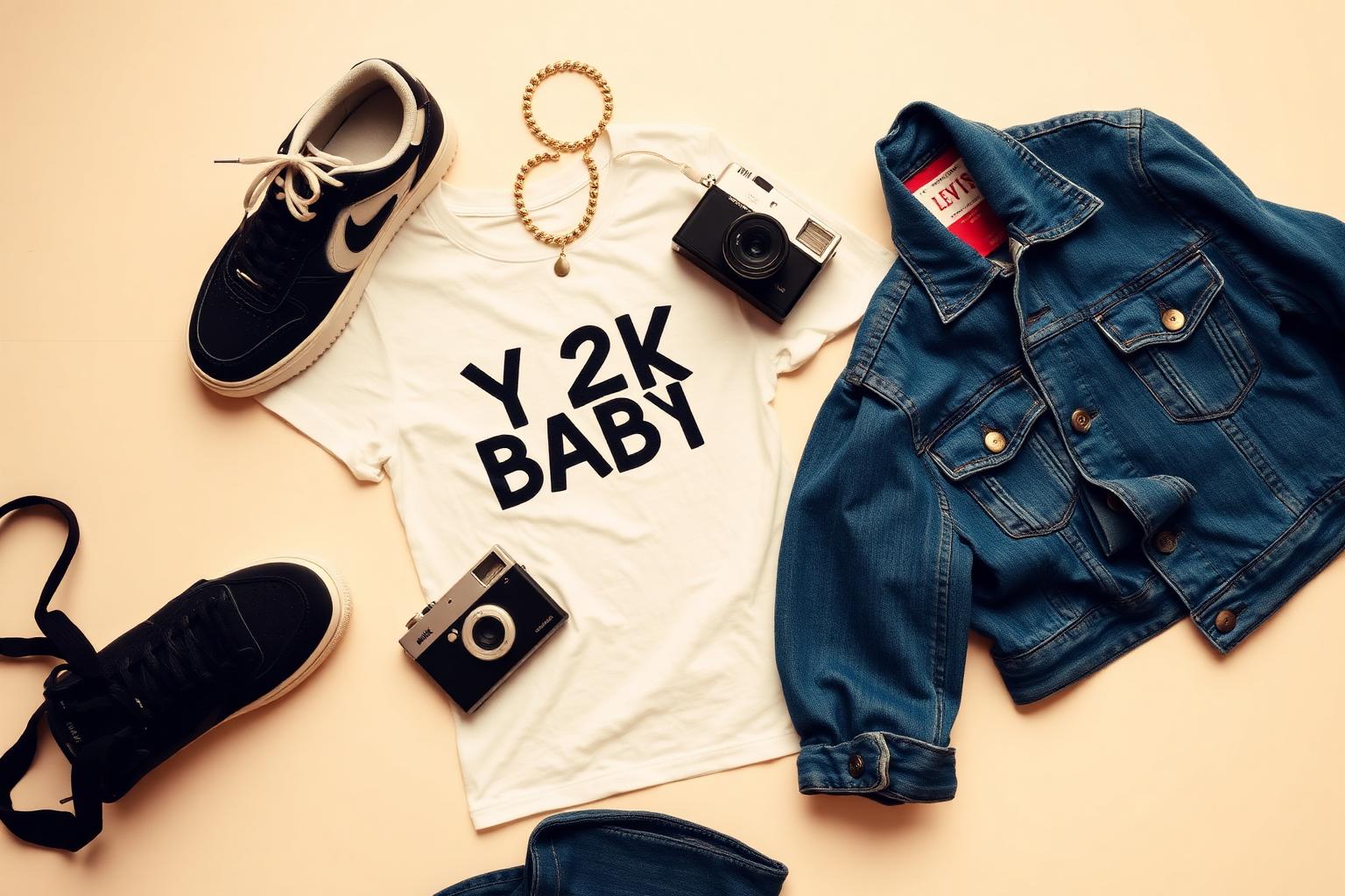 Thrifted clothing flat lay: denim jacket, sneakers, Y2K tee, polaroid camera